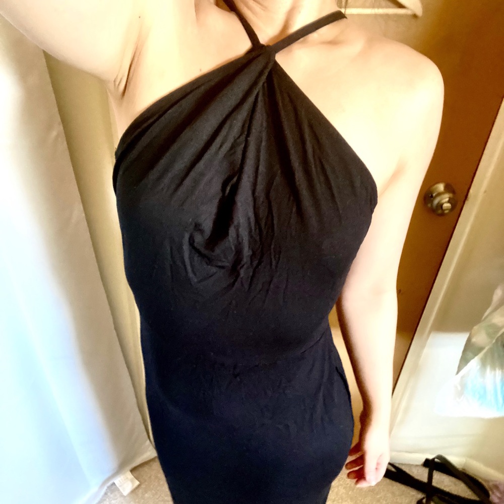 Black halter dress with leg slit